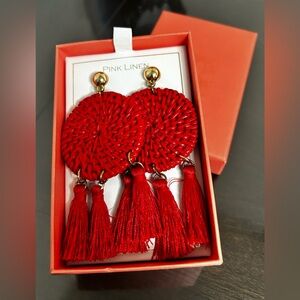 Pink Linen Red Tassel Earrings